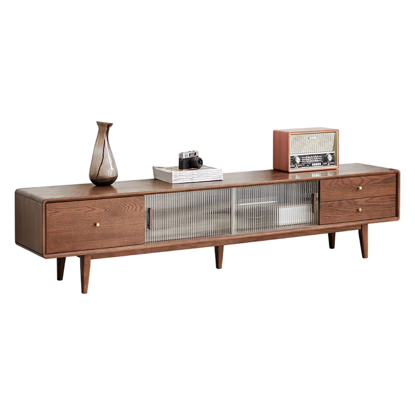 A TV Cabinet with Chinese Changhong glass doors, two drawers, and storage space, styled mid-century modern with tapered legs. On top are three decorative items: a vase, a vintage camera on books, and a retro radio.