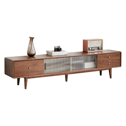 A TV Cabinet with Chinese Changhong glass doors, two drawers, and storage space, styled mid-century modern with tapered legs. On top are three decorative items: a vase, a vintage camera on books, and a retro radio.