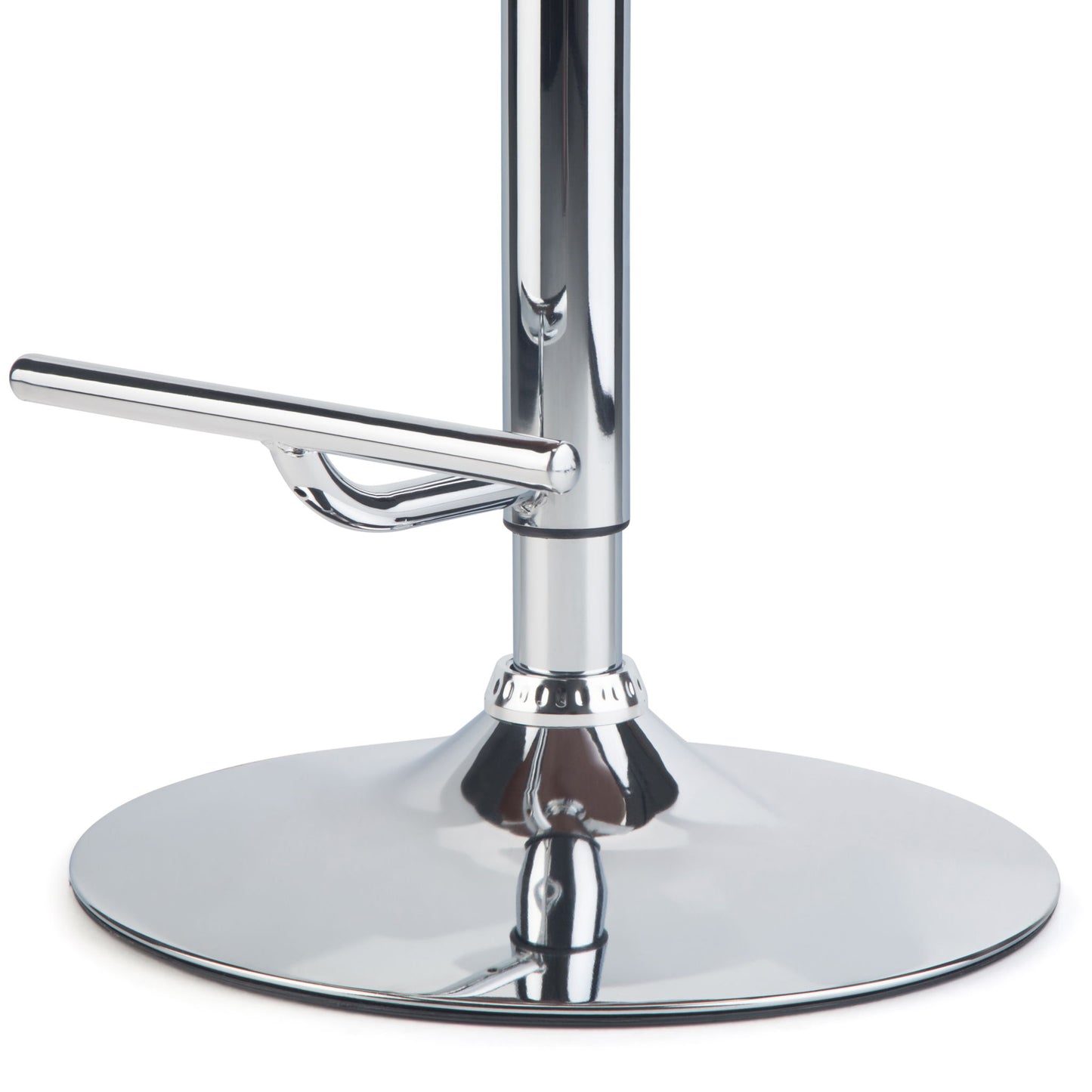 Close-up of the shiny chrome base and footrest of the Marana - Multifunctional Handcrafted Bentwood Adjustable Swivel Bar Stool, reflecting light on a white background.