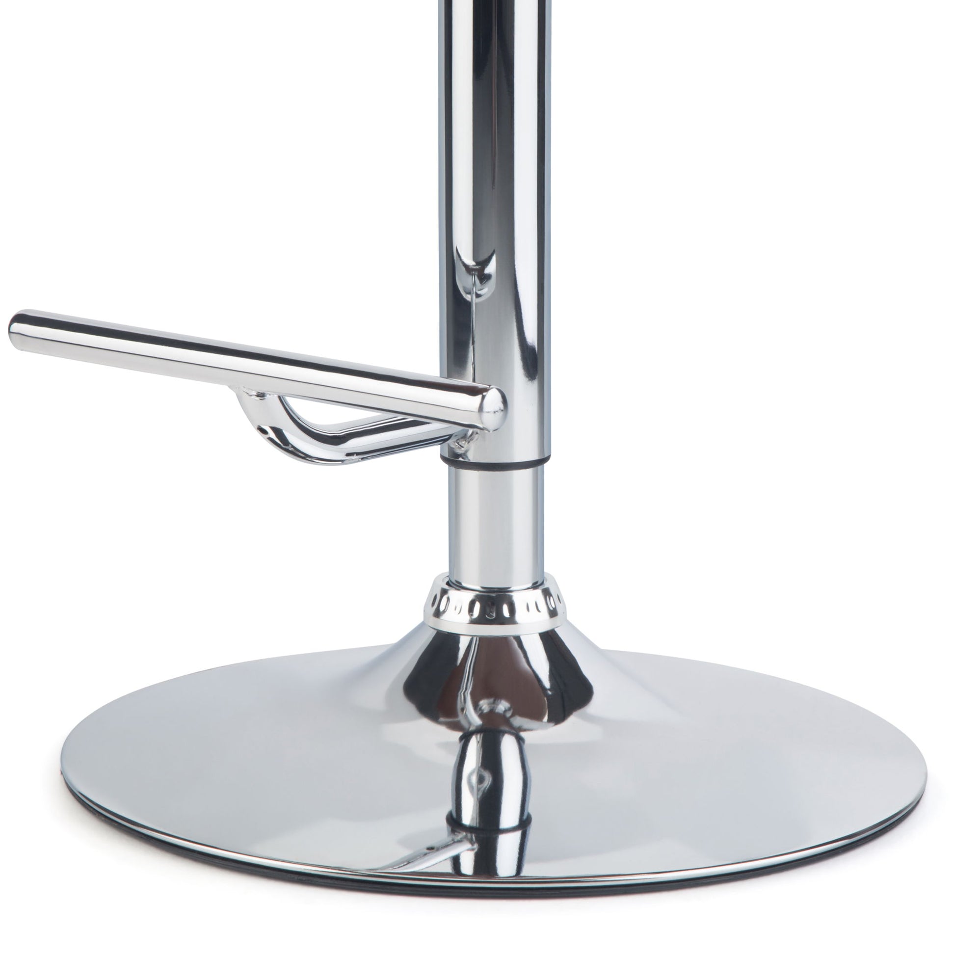 Close-up of the shiny chrome base and footrest of the Marana - Multifunctional Handcrafted Bentwood Adjustable Swivel Bar Stool, reflecting light on a white background.