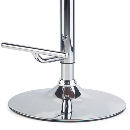 Close-up of the shiny chrome base and footrest of the Marana - Multifunctional Handcrafted Bentwood Adjustable Swivel Bar Stool, reflecting light on a white background.
