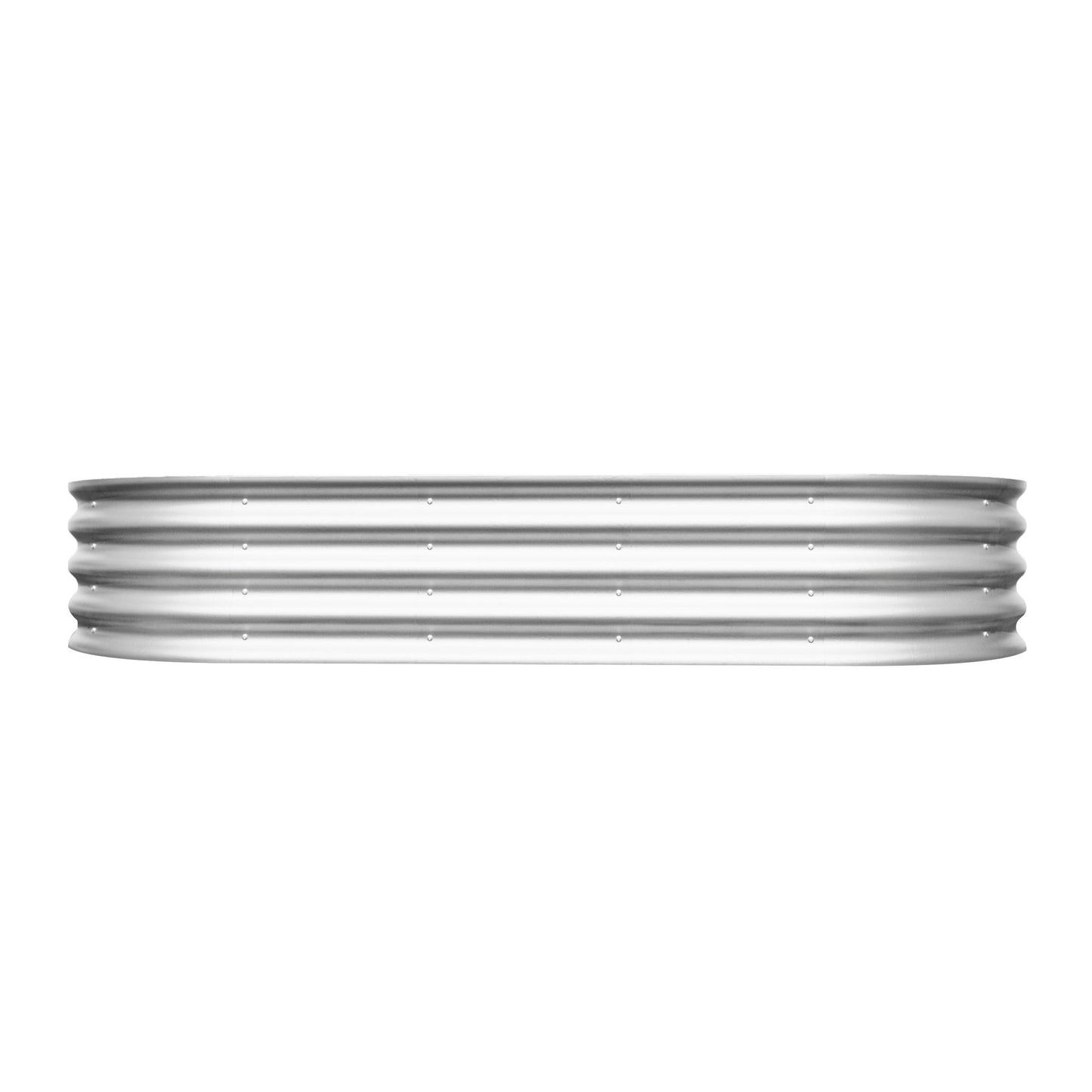 The Heavy Duty Galvanized Raised Garden Bed Kit for Vegetables, Flowers & Herbs features a silver, oval-shaped, corrugated metal design with horizontal ridges, shown against a white background.