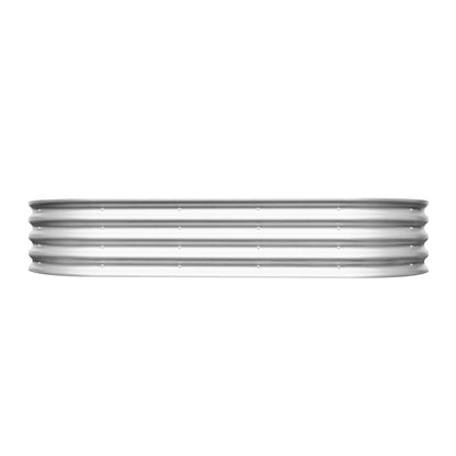 The Heavy Duty Galvanized Raised Garden Bed Kit for Vegetables, Flowers & Herbs features a silver, oval-shaped, corrugated metal design with horizontal ridges, shown against a white background.