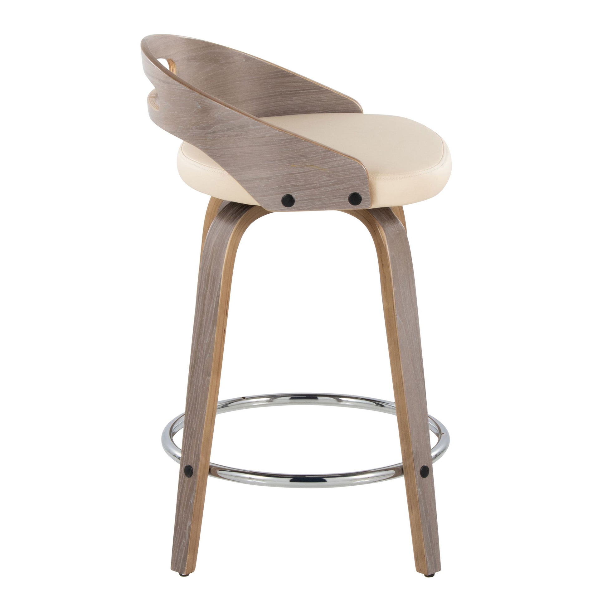 The Cassis Mid Century Modern Fixed Height Counter Stool set features a light wooden frame, curved wood backrest, cream cushioned seat, swivel design, and a round chrome footrest.