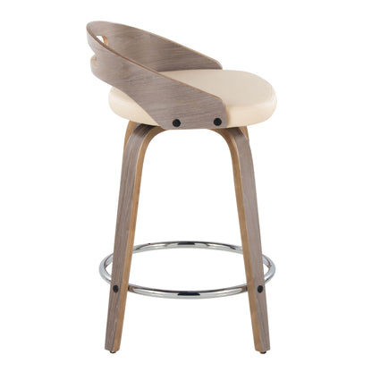 The Cassis Mid Century Modern Fixed Height Counter Stool set features a light wooden frame, curved wood backrest, cream cushioned seat, swivel design, and a round chrome footrest.