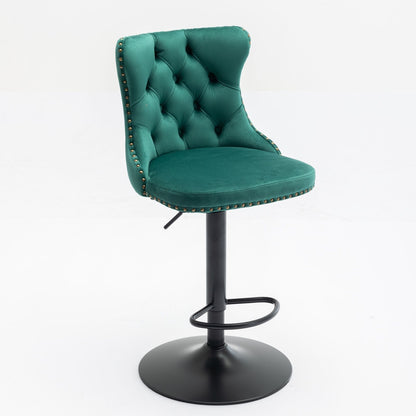 The Swivel Velvet Barstools Adjustable Seat Height (Set of 2) feature green tufted backs, brass nailhead trim, comfy upholstery, and black metal bases with footrests—modern bar stools perfect for home pubs and kitchen islands, shown on a plain white background.