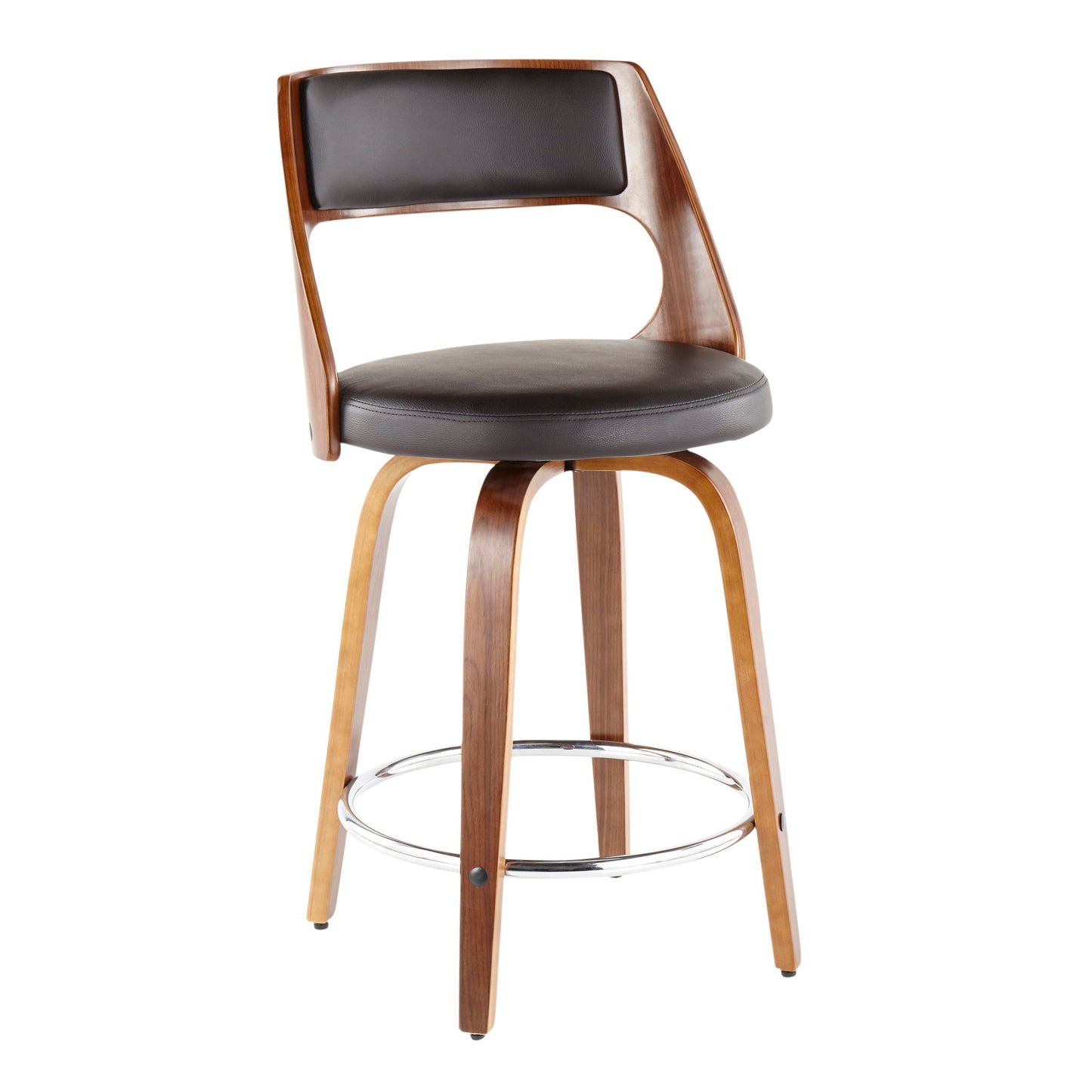 The Cecina - Mid-Century Modern Fixed Height Counter Stool features a curved wooden frame, a black cushioned seat and backrest, four angled legs, a round chrome footrest, and swivel functionality. Sold as a set of 2.
