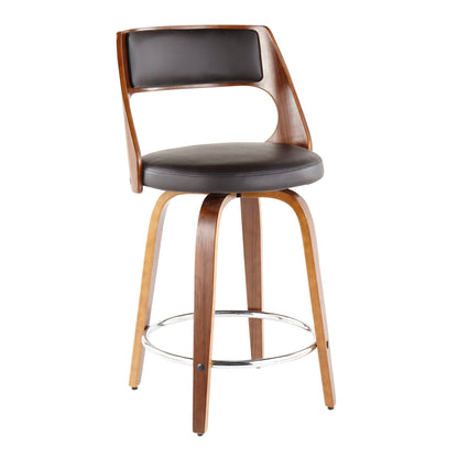 The Cecina - Mid-Century Modern Fixed Height Counter Stool features a curved wooden frame, a black cushioned seat and backrest, four angled legs, a round chrome footrest, and swivel functionality. Sold as a set of 2.