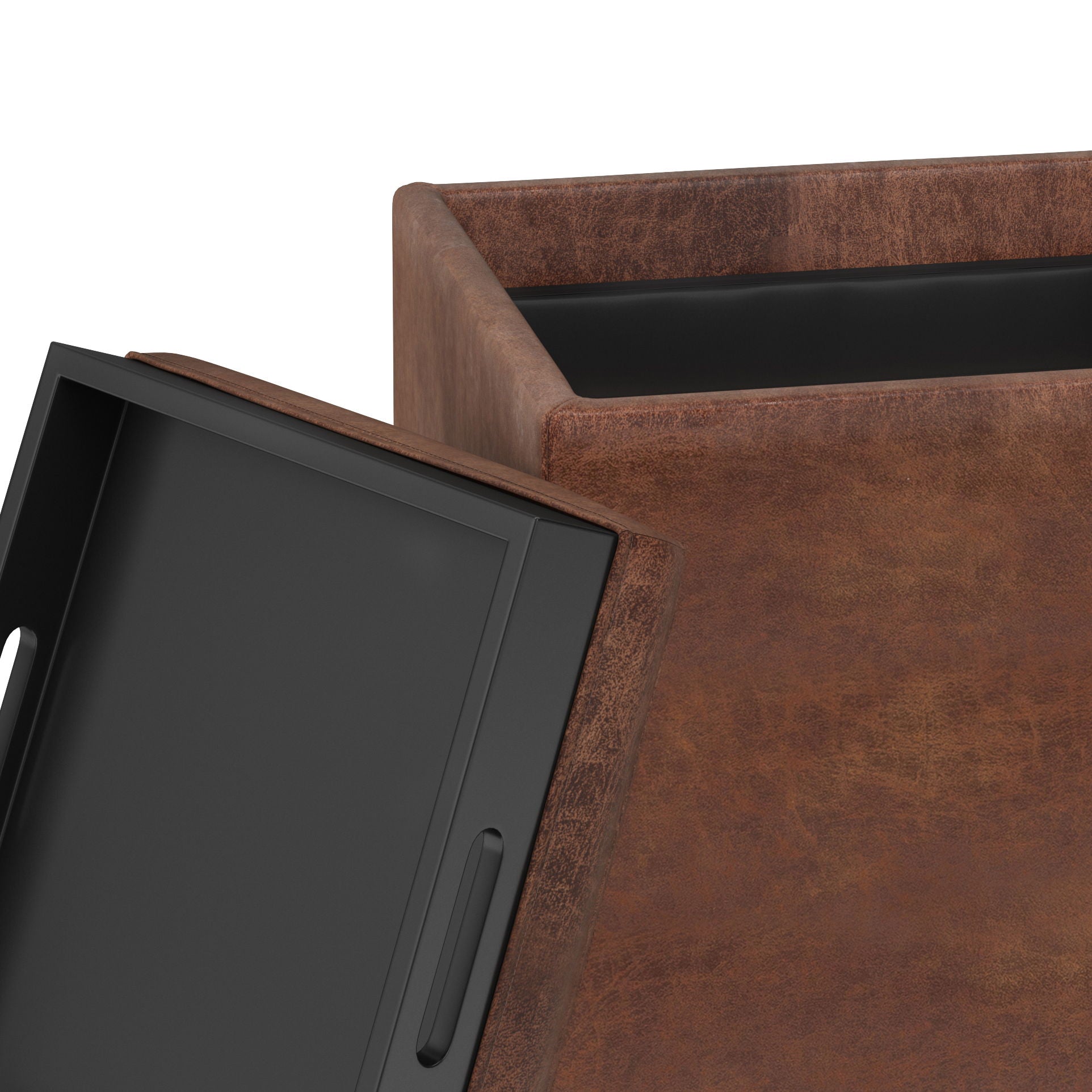 Close-up of the Rockwood Upholstered Cube Storage Ottoman With Tray—a brown textured cube with a partially open black lid, built-in handles, and visible interior storage space.