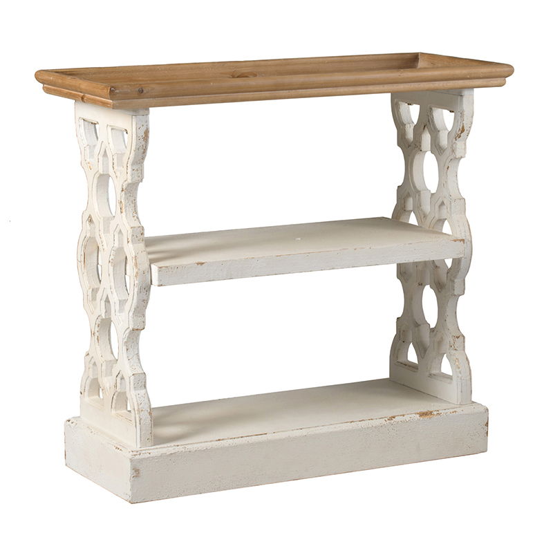 The Distressed Wood Shelf Tray, French Country Console Table features a natural wood top, antique white distressed finish, decorative cutout sides, two shelves, and a rectangular base.