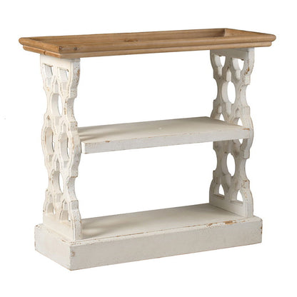 The Distressed Wood Shelf Tray, French Country Console Table features a natural wood top, antique white distressed finish, decorative cutout sides, two shelves, and a rectangular base.