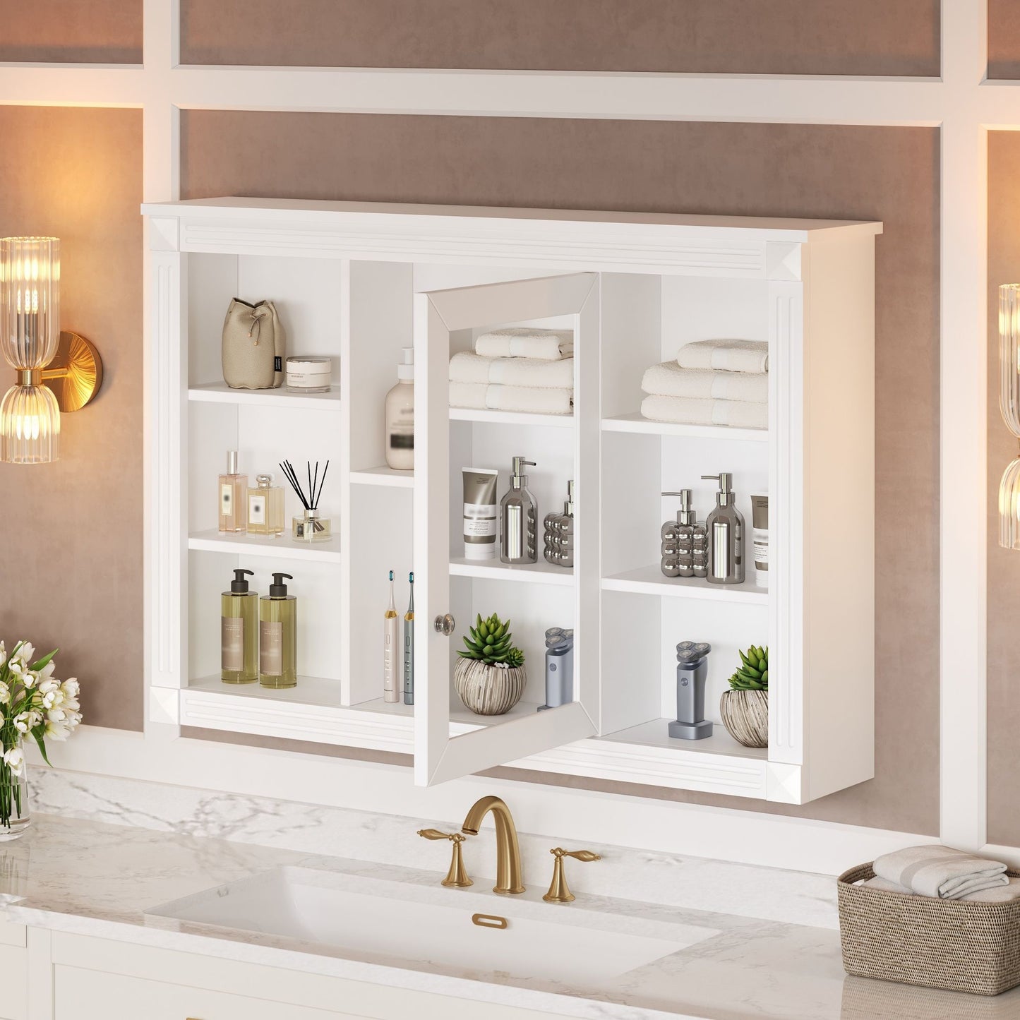 Wall Mounted Bathroom Storage Cabinet With Mirror, Medicine Cabinet With 6 Open Shelves And Adjustable Interior - White