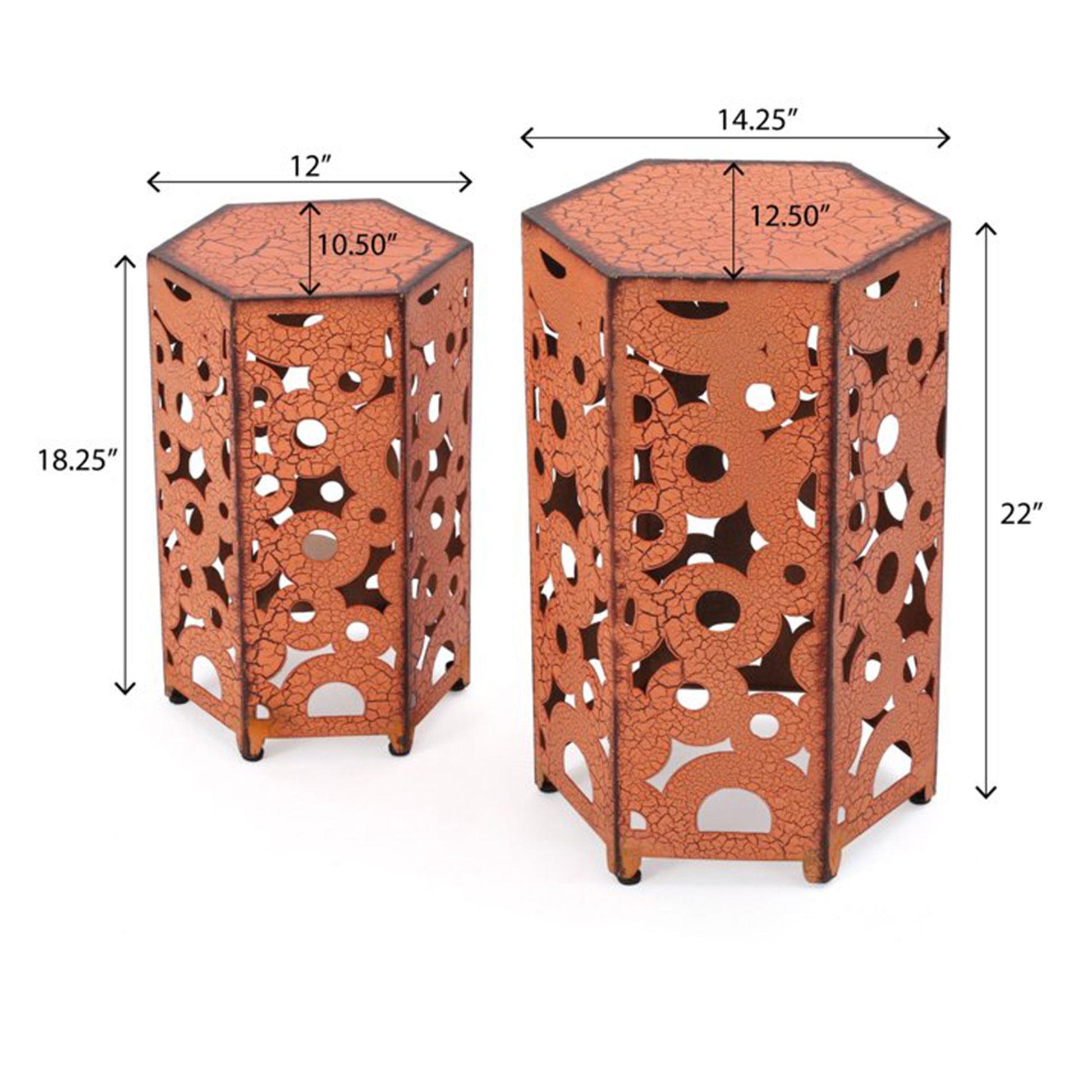 The Selva - Accent Table Set includes two hexagonal orange metal tables with cut-out geometric patterns. The smaller table measures 18.25"H x 12"W, and the larger is 22"H x 14.25"W.