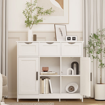 The Storage Cabinets Wooden Floor Cabinet with drawers and shelves holds books, decor, and plants. On top are a framed art piece, digital clock, and vase with greenery. Light curtains and a potted plant complete this bright modern room.