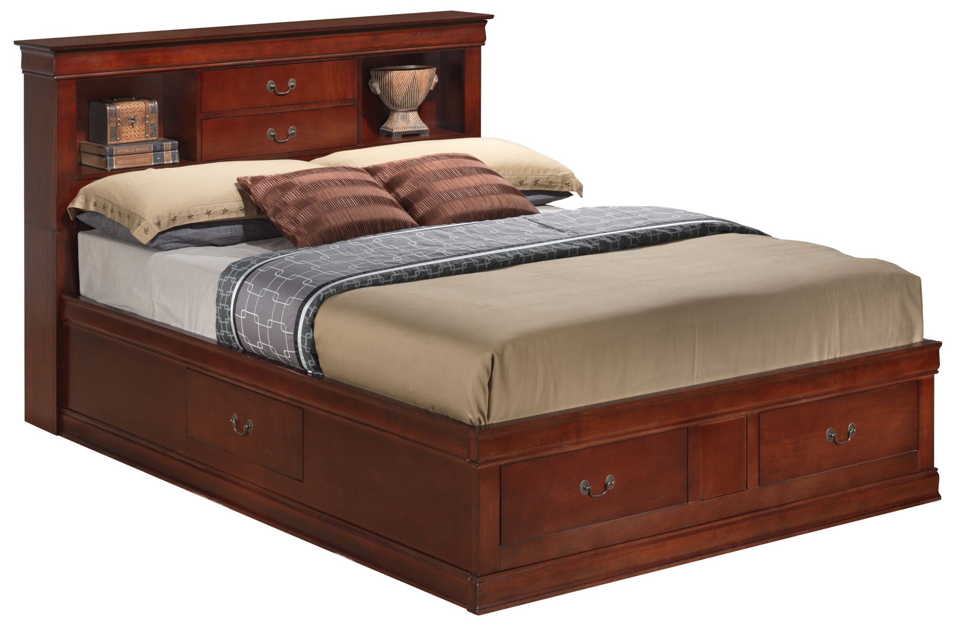 The Louis Phillipe - Bookcase Storage Bed features a bookcase headboard, built-in drawers under the bed and in the headboard, two pillows, two decorative cushions, and beige and gray bedding.