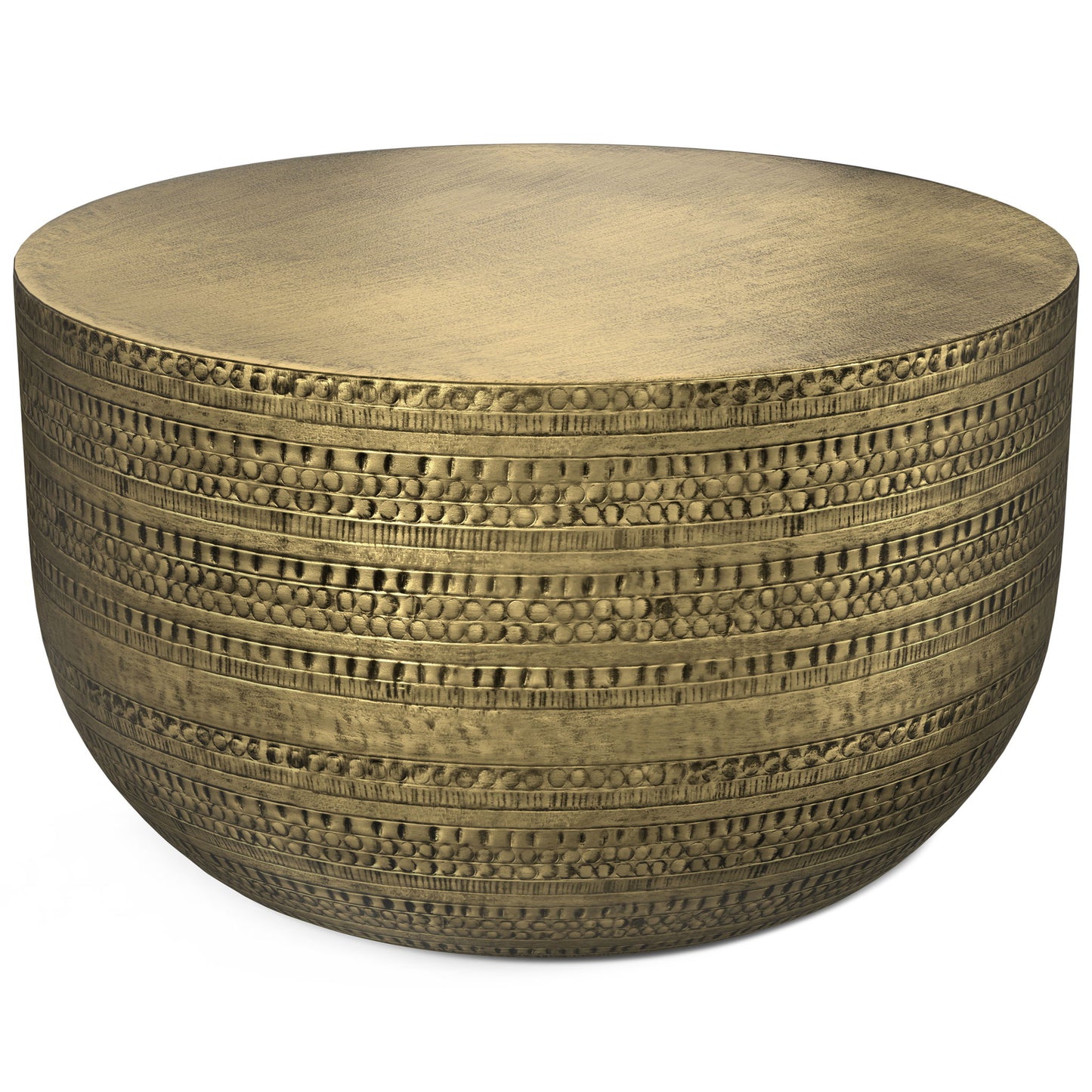 The Johnsen Handcrafted Metal Coffee Table features a round brass design with a textured, patterned surface of horizontal etched lines and dots, offering an ornate, artisanal look.