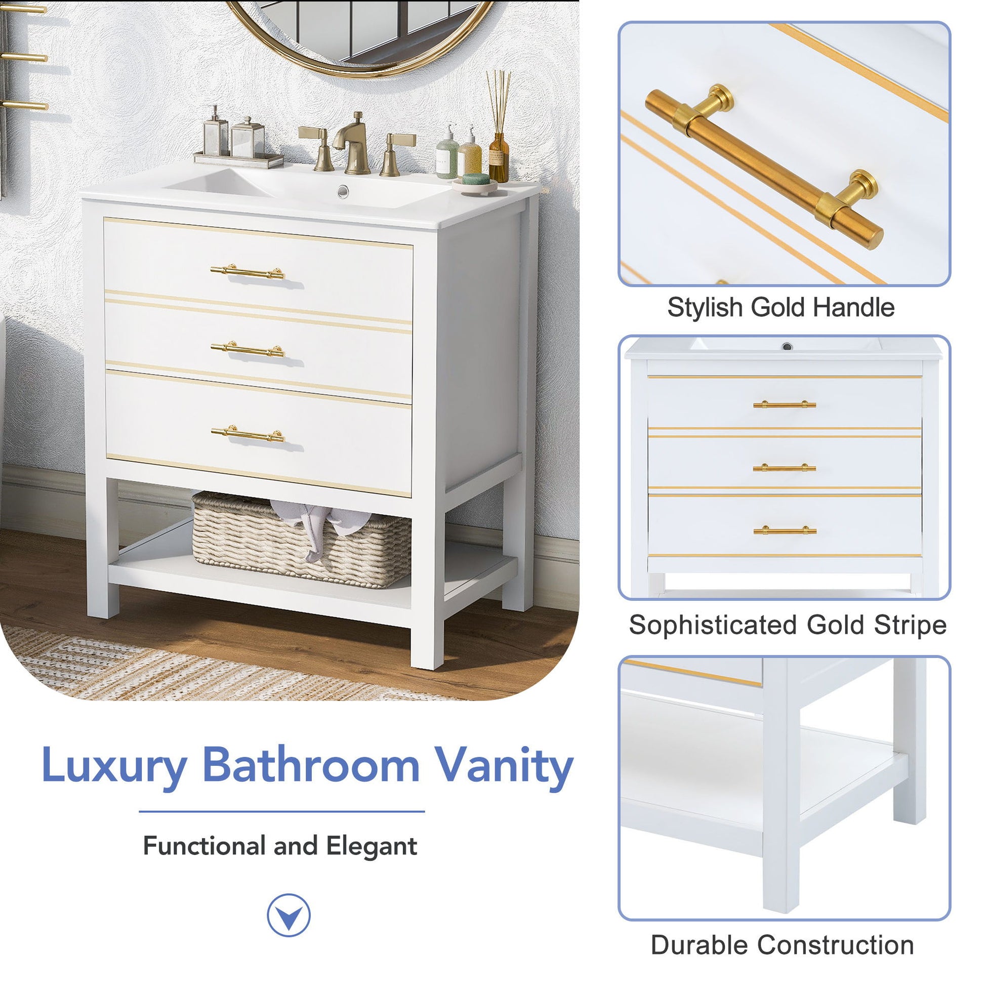 Modern Bathroom Vanity Cabinet, combo with open storage and two drawers, features a sink top. Close-ups highlight the stylish handles, stripe details, and durable build. Text: "Luxury Bathroom Vanity.