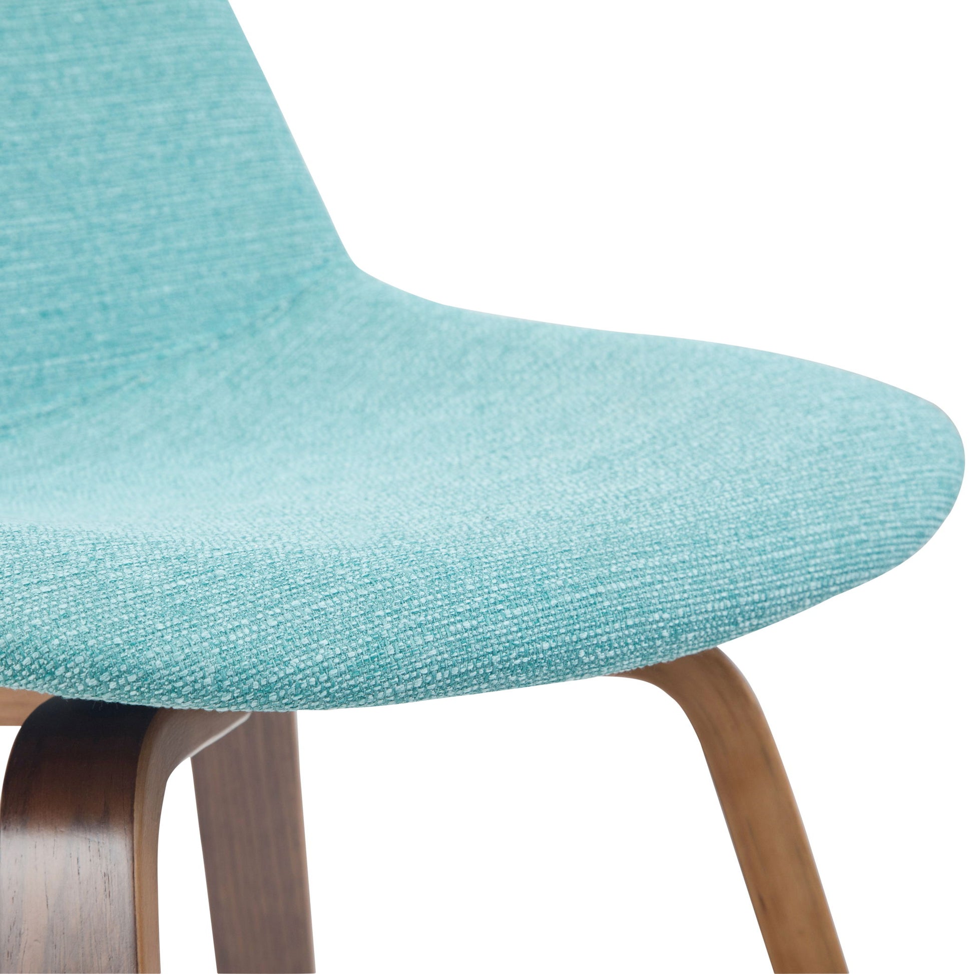 Close-up of the Randolph Bentwood Counter / Bar Height Stool (Set of 2), highlighting the light blue fabric seat, wooden legs, and smooth curves that showcase the texture and modern design.