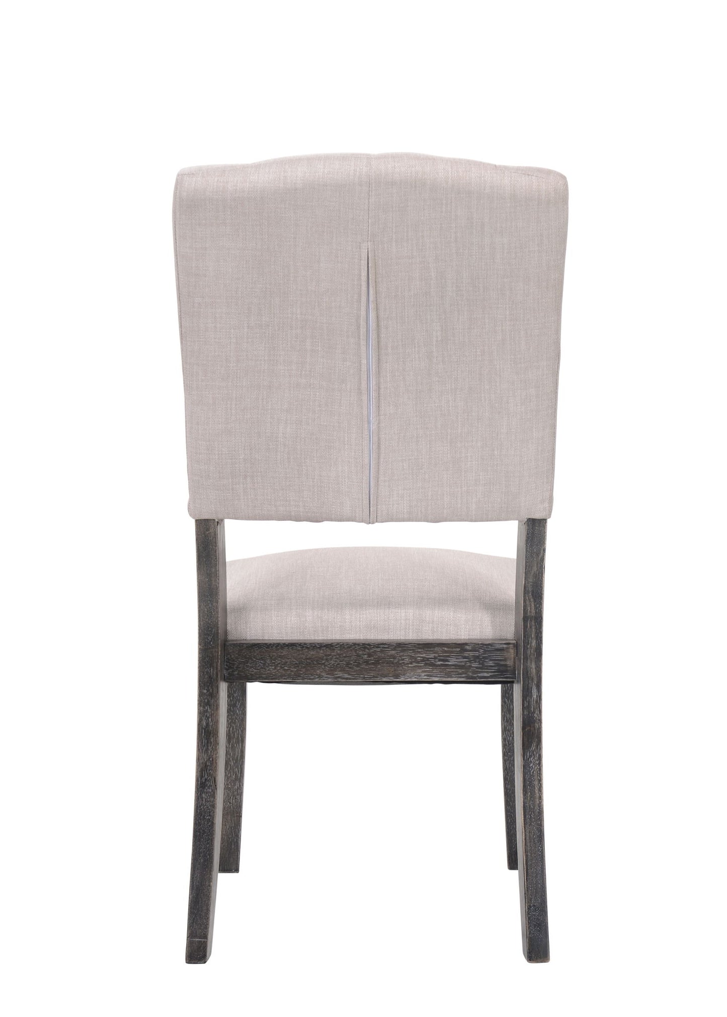 The Bernard - Weathered Side Chair (Set of 2) features beige upholstery, a wooden frame with a dark, weathered finish on the legs and lower frame, shown from the back.