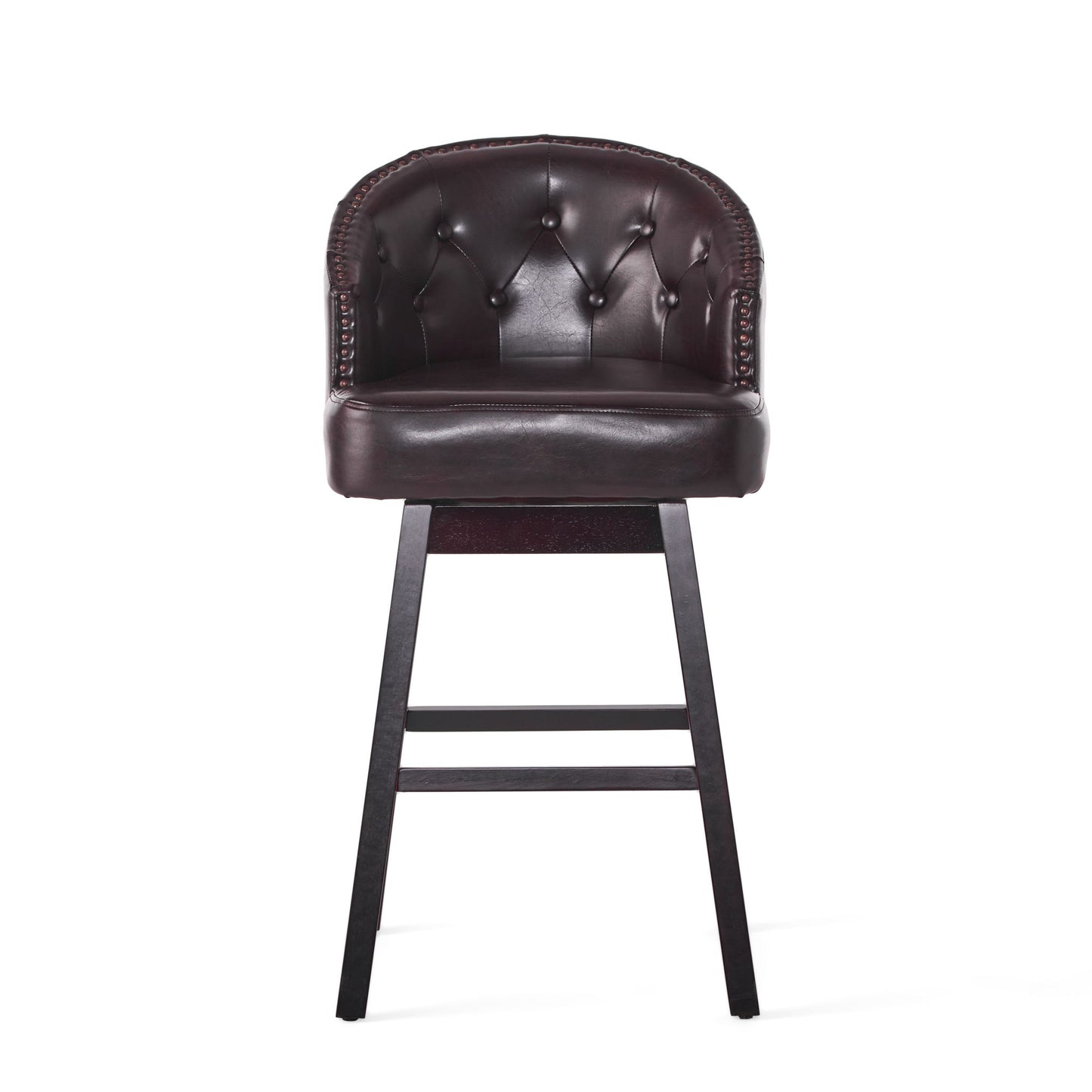 The Mellifluous 360 Degree Swivel Bar Stool, shown against a white background, features dark brown leather upholstery, a tufted rounded backrest with stunning nailhead trim, and wooden legs. Sold as a set of 2.