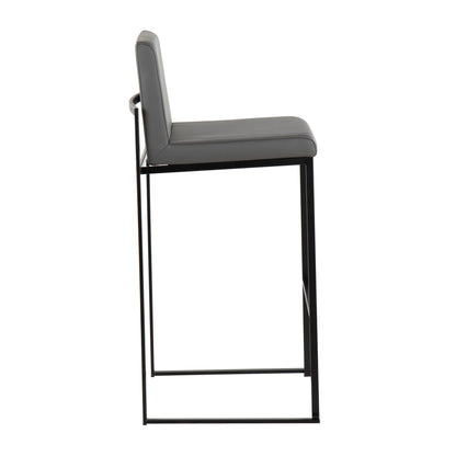 Side view of the Fuji - Contemporary High Back Barstool featuring an elegant design with a black metal frame and cushioned gray seat and backrest, shown against a white background.