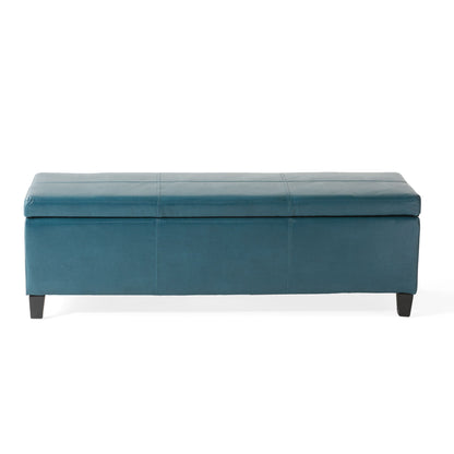 The Glouster - Contemporary Storage Ottoman is a rectangular teal upholstered bench with a hinged lid and short black legs, displayed against a white background.