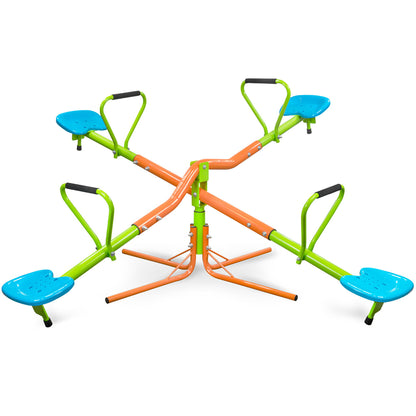The Xss004 Outdoor Playground Four Seats Seesaw for Kids (Green/Blue) has a 360-degree rotating design, sturdy plastic seats, and is ideal for children age 3+ to sit and play together.