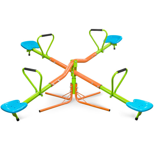 The Xss004 Outdoor Playground Four Seats Seesaw for Kids (Green/Blue) has a 360-degree rotating design, sturdy plastic seats, and is ideal for children age 3+ to sit and play together.