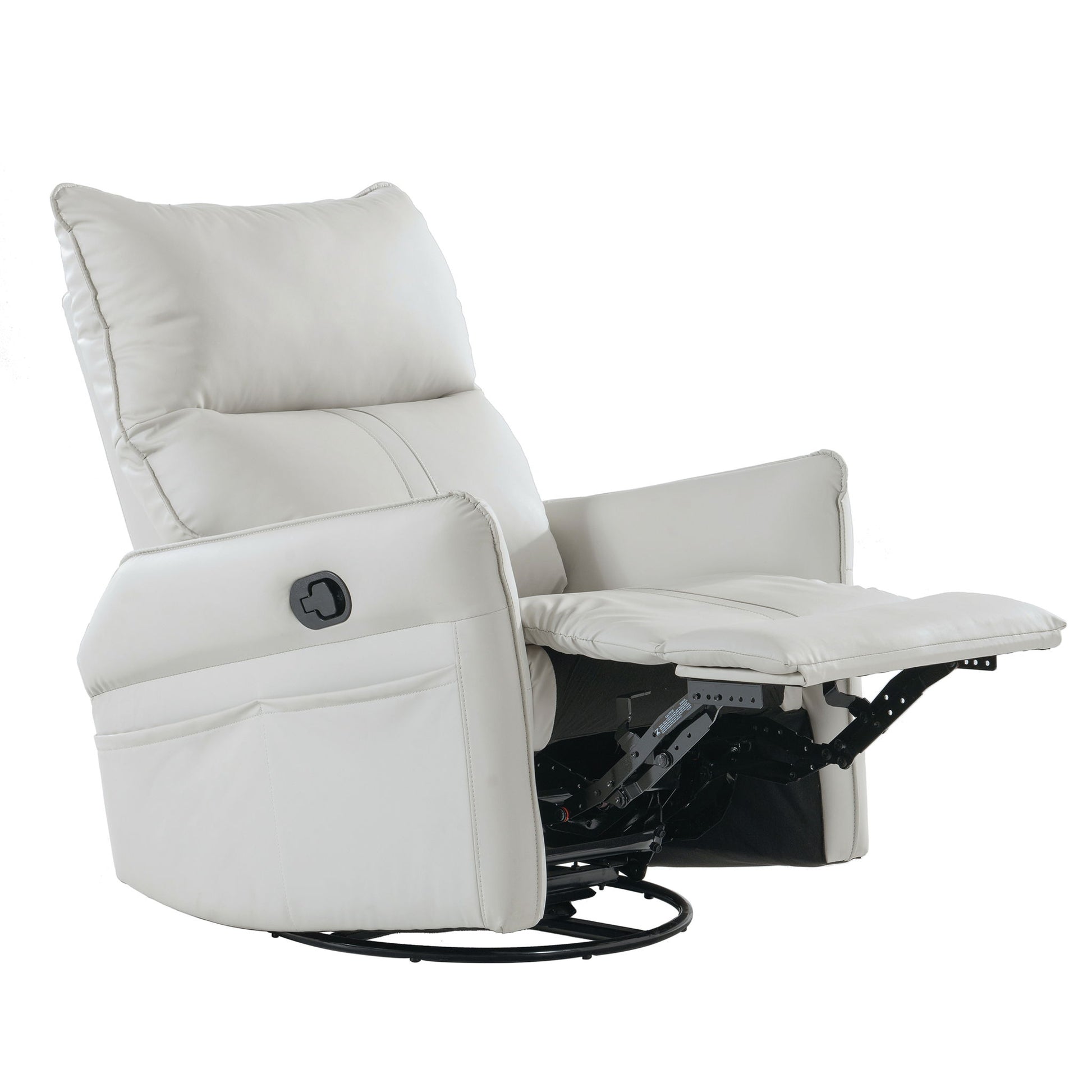 The 360° Modern Small Rocking Swivel Recliner Chair with side pocket features padded armrests and backrest in white leather, shown partially reclined with the footrest extended.