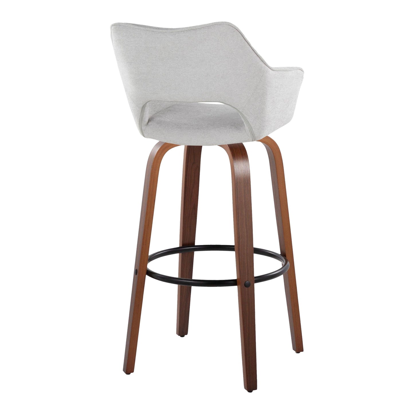 The Mustang Contemporary Fixed Height Barstool (Set of 2) features a curved light-gray upholstered seat, walnut-finished wooden legs, and a black round metal footrest, shown from the rear.
