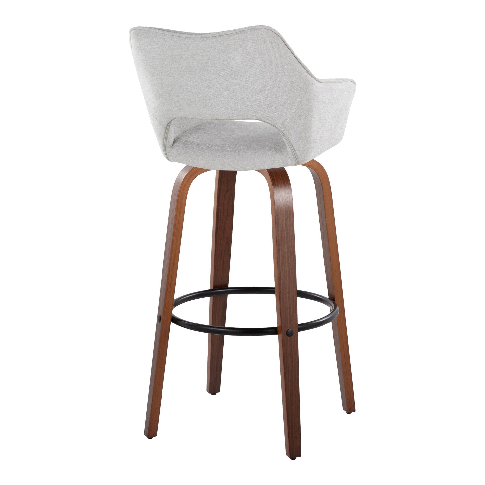 The Mustang Contemporary Fixed Height Barstool (Set of 2) features a curved light-gray upholstered seat, walnut-finished wooden legs, and a black round metal footrest, shown from the rear.