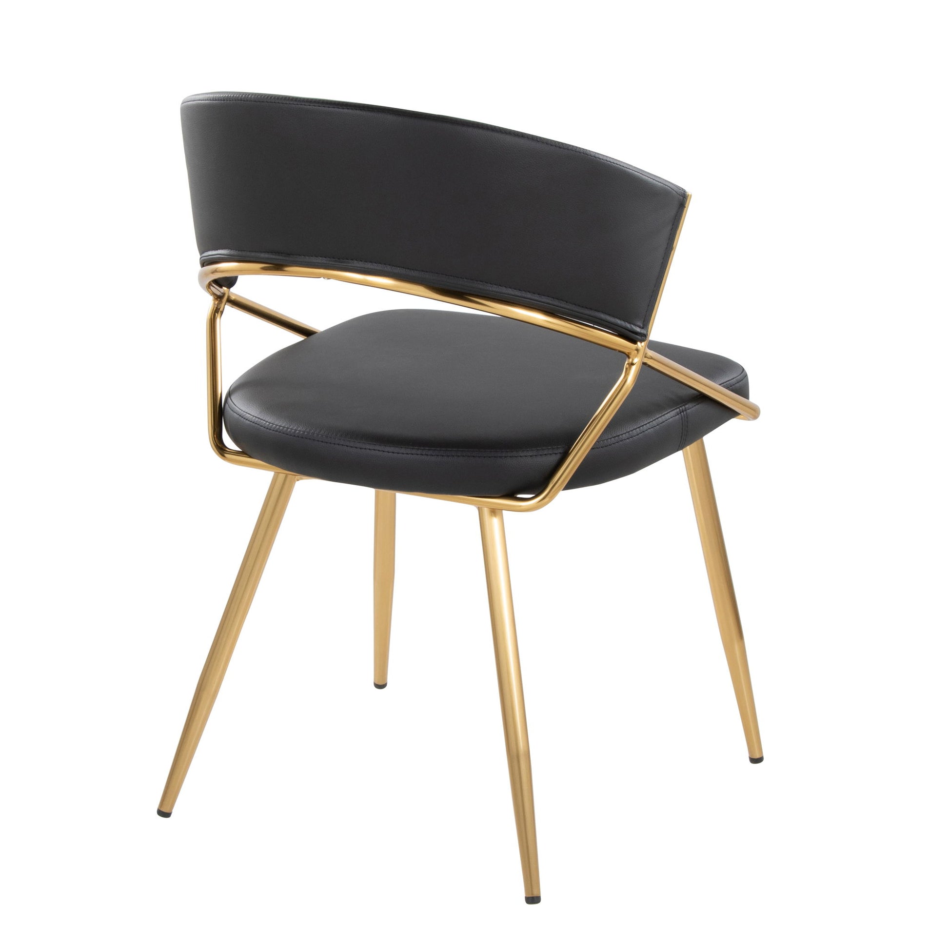 The Jie - Glam Dining Chair (Set of 2) features a modern design with a black curved backrest and seat, sleek angled gold metal legs, and a matching gold frame supporting the backrest.