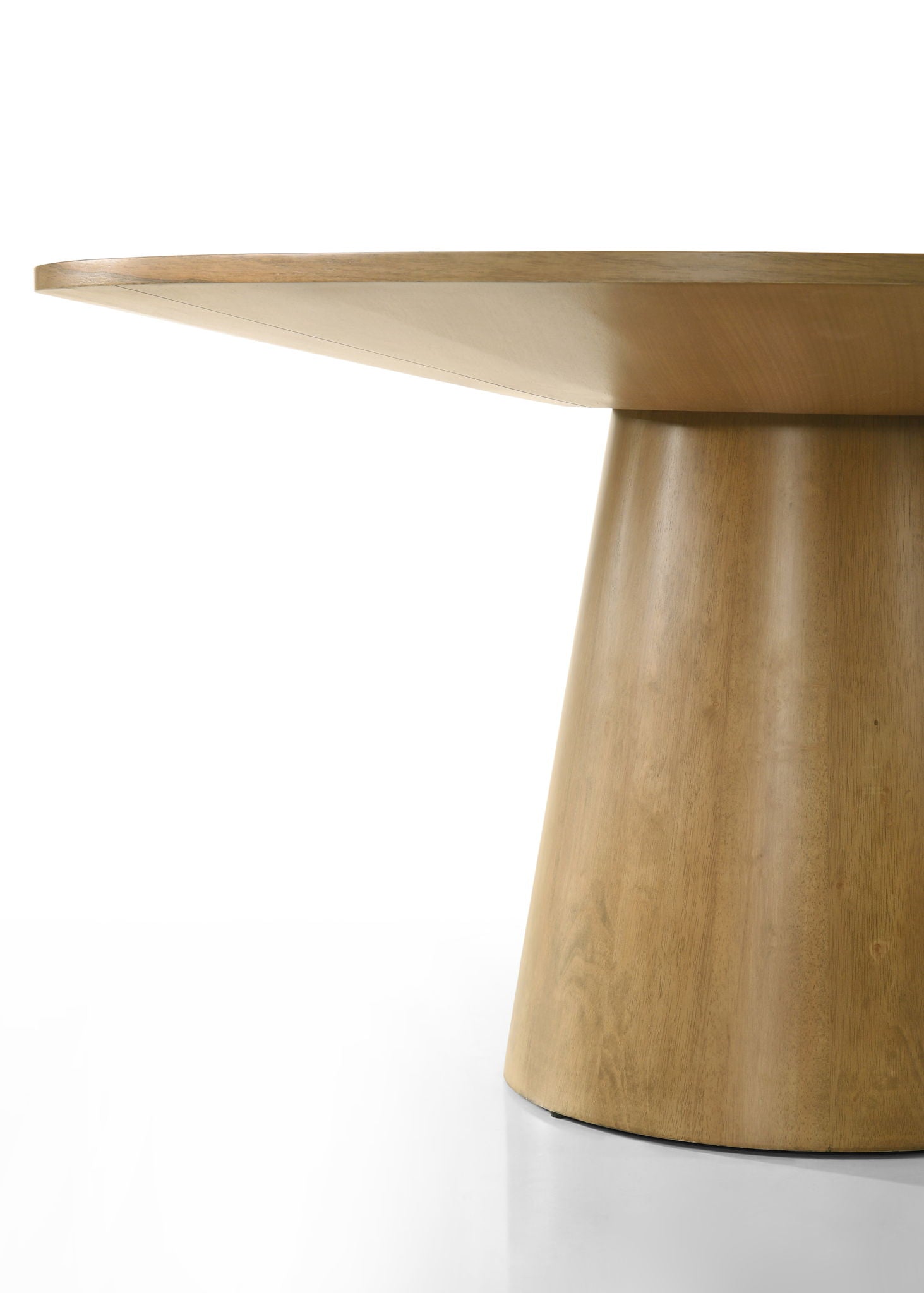 A close-up of the Jasper - Wide Contemporary Round Dining Table, featuring a thick wooden top and a broad conical base, set against a plain white background.