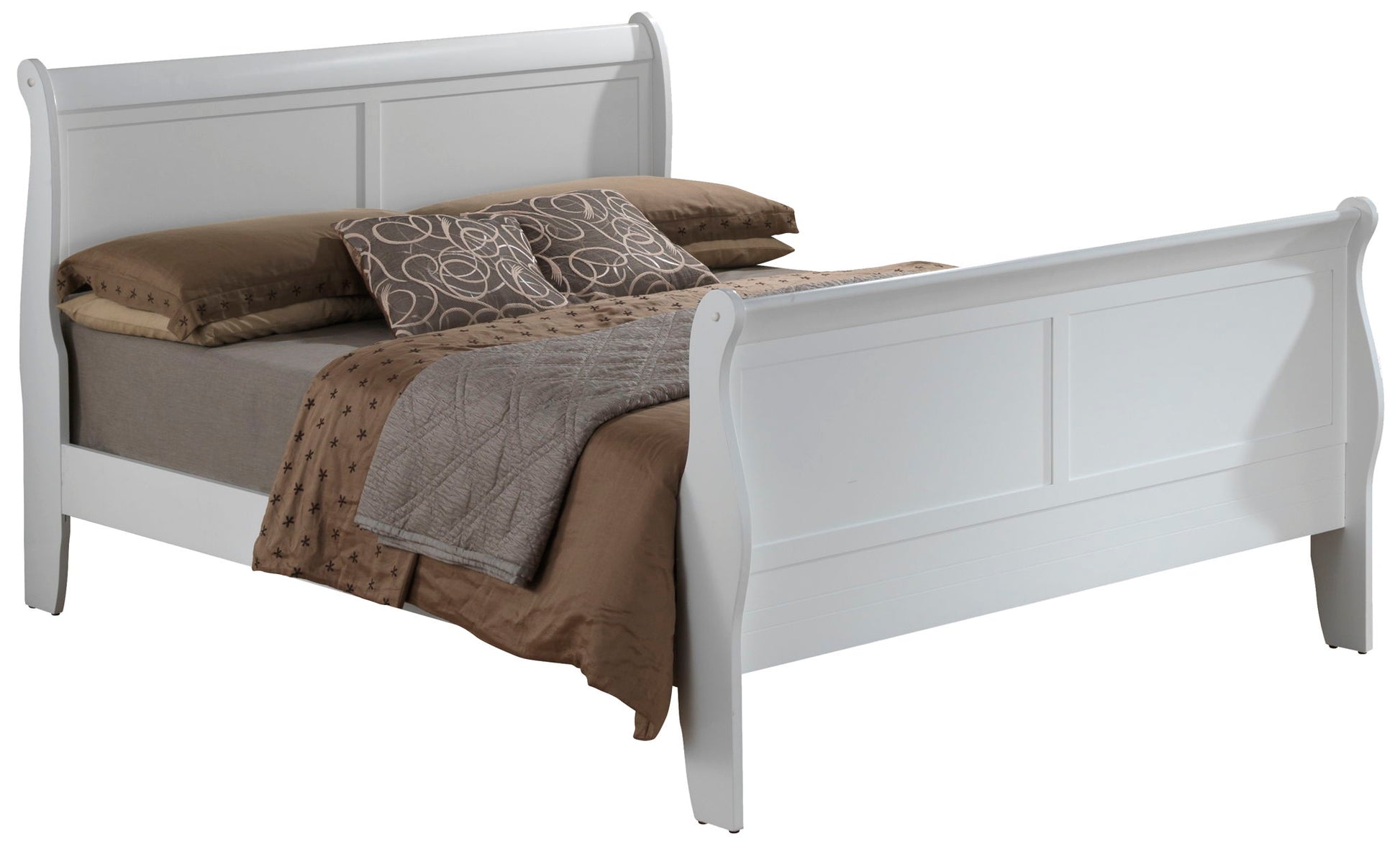 A Panel Sleigh Bed featuring brown and white bedding.