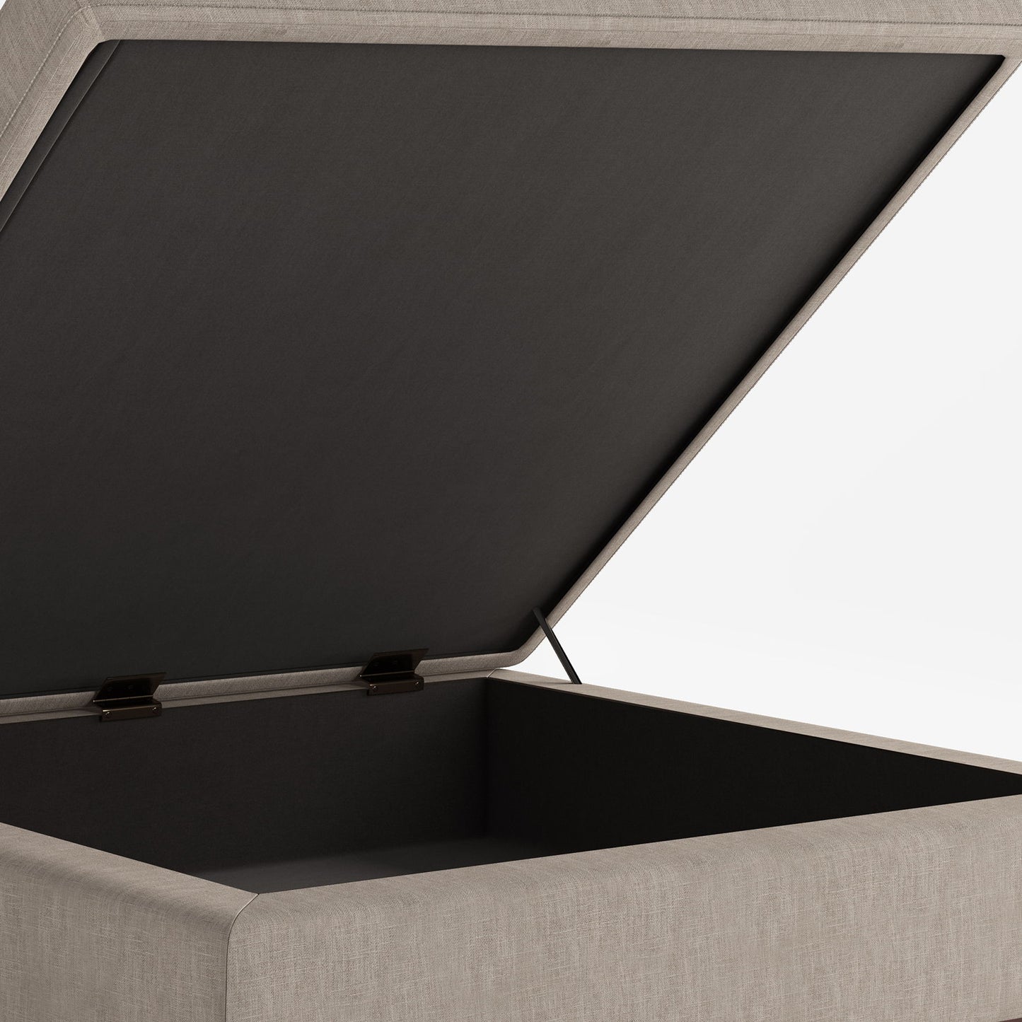 The Owen Multifunctional Square Coffee Table Storage Ottoman is shown in beige upholstery with its hinged lid open, revealing a spacious black-lined interior against a plain white background.