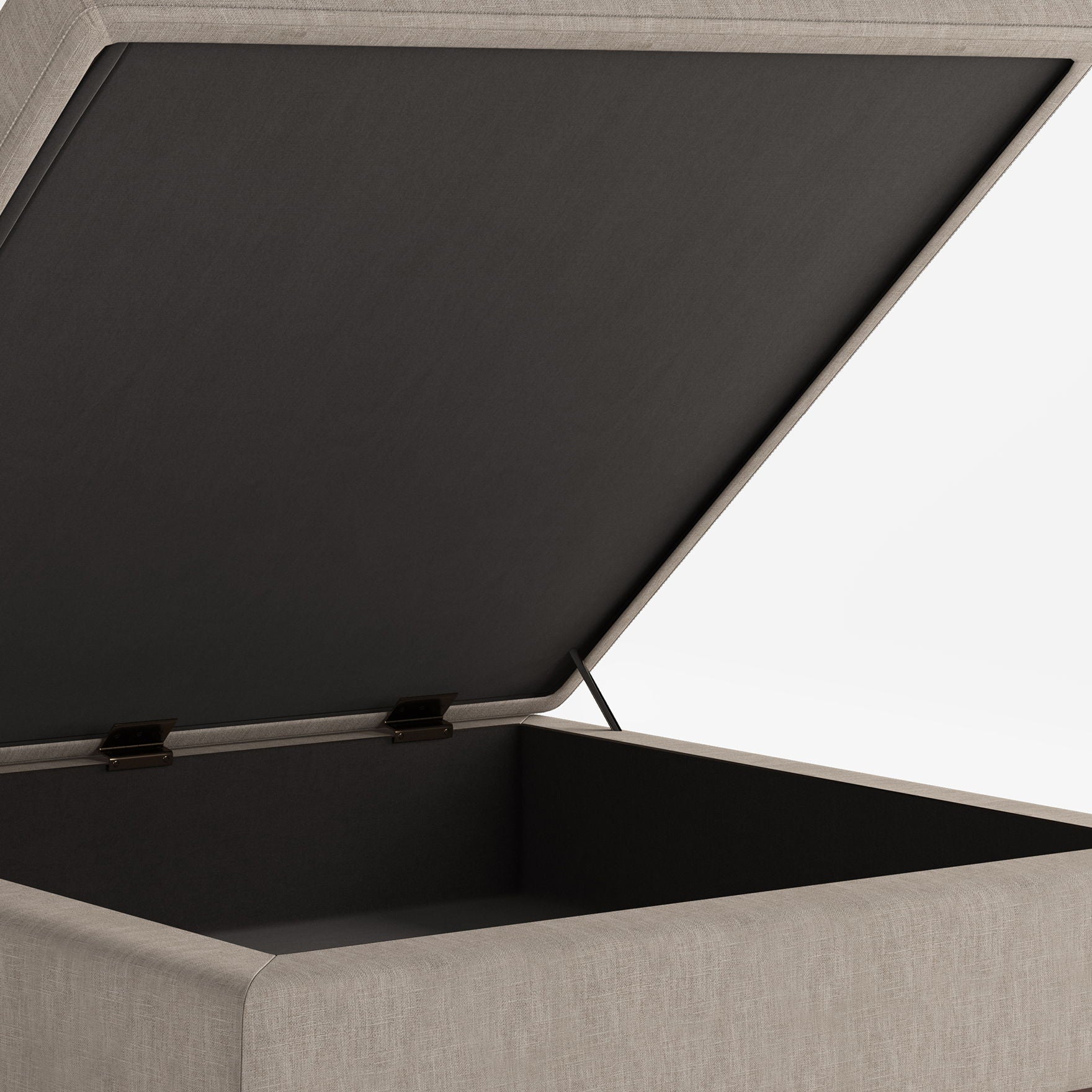 The Owen Multifunctional Square Coffee Table Storage Ottoman is shown in beige upholstery with its hinged lid open, revealing a spacious black-lined interior against a plain white background.