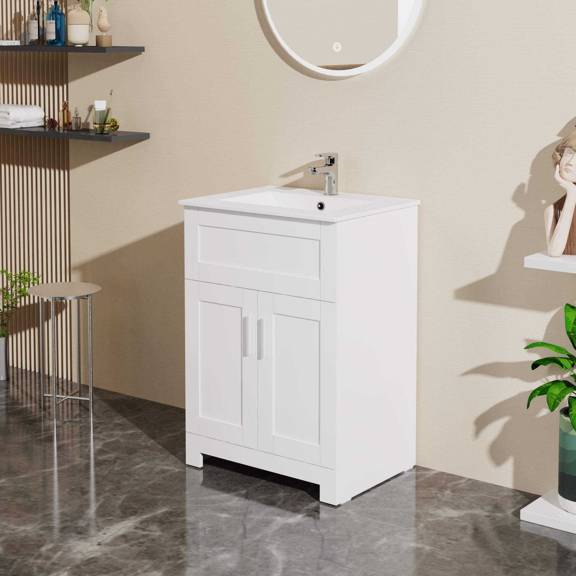 A modern bathroom featuring the Sink Bathroom Vanity Laundry Cabinet Combo - White with a sink below a round mirror, set against a light beige wall. Decor accents, plants, shelves, and a glossy marble floor complete the look.