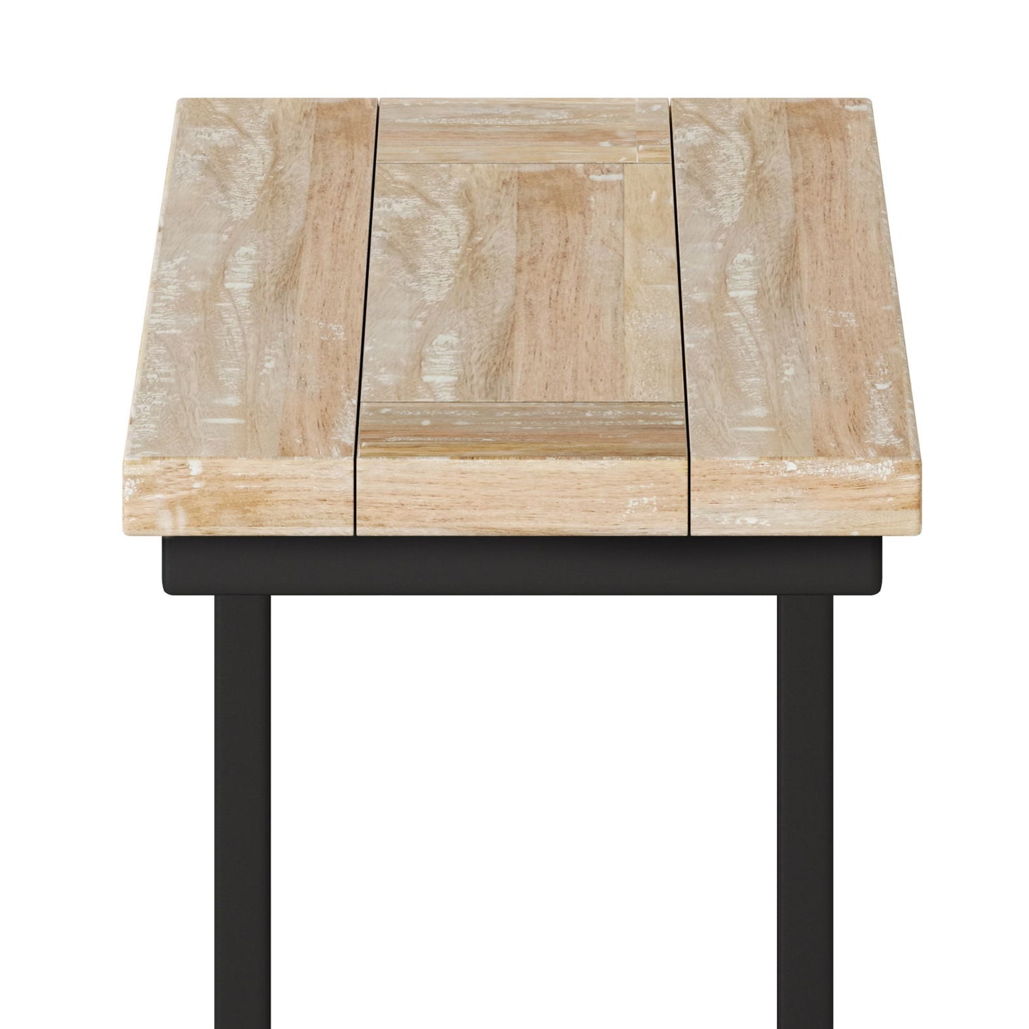 The Skyler - C Side Handcrafted Table features a rectangular wooden top with three visible planks and black metal legs, shown from the front against a white background.