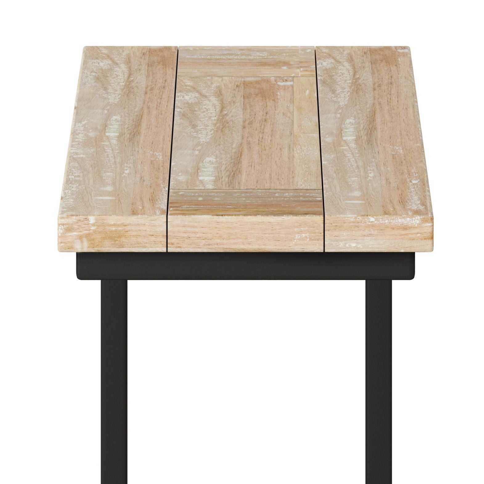 The Skyler - C Side Handcrafted Table features a rectangular wooden top with three visible planks and black metal legs, shown from the front against a white background.