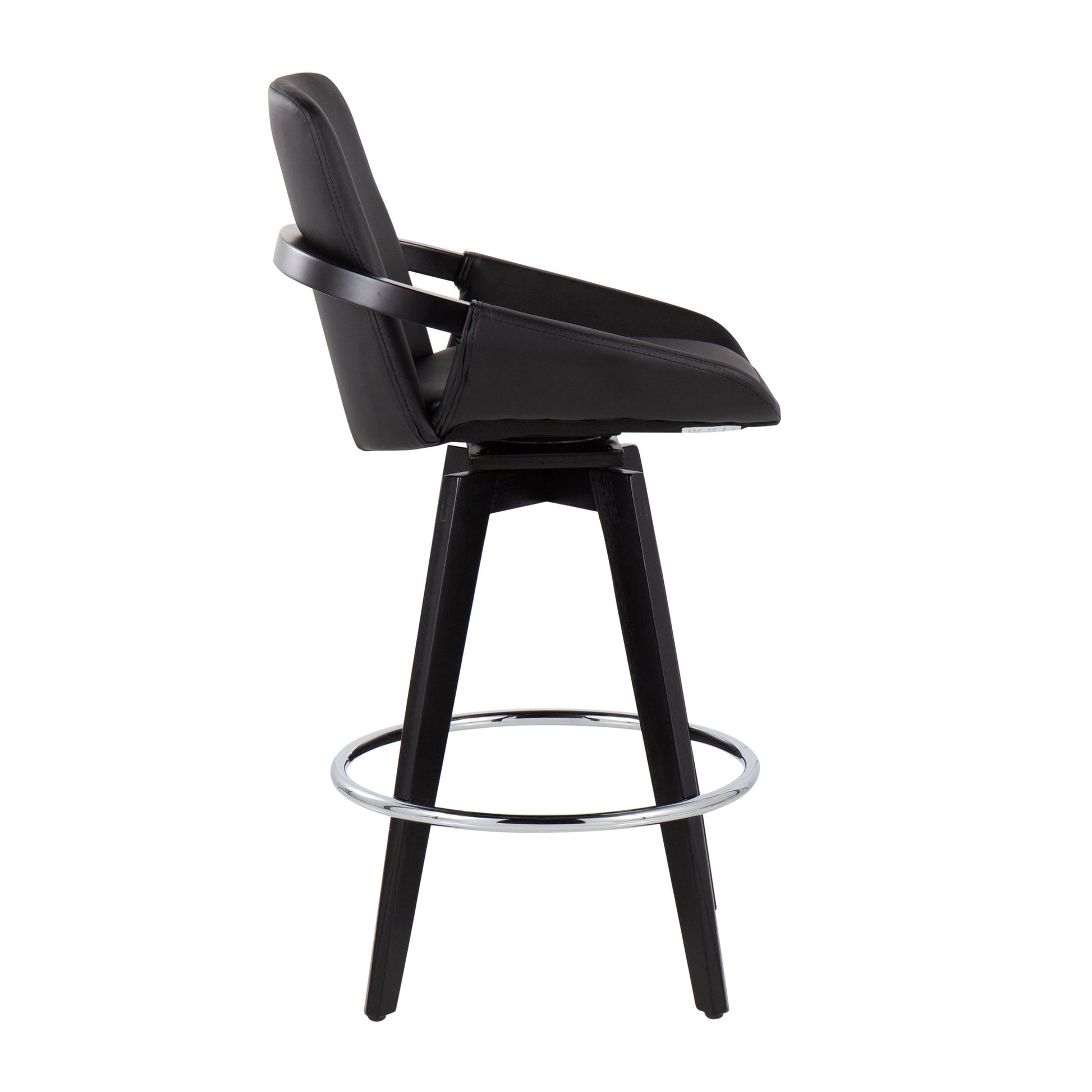 The Cosmo Contemporary Fixed Height Counter Stool (set of 2) features a cushioned seat and backrest, swivel function, angled wooden legs, a round metal footrest, and armrests. Shown in profile against a white background.