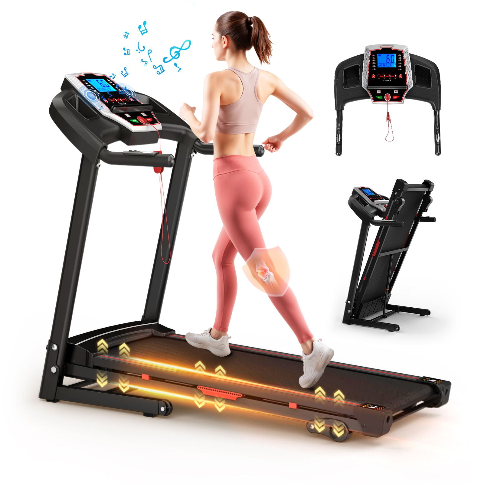 A woman runs on a black Folding Treadmill for Home—3.5HP, foldable with incline, LED display, 12 preset programs, audio features, and app control. Images show it folded and highlight the control panel for convenient home workouts.