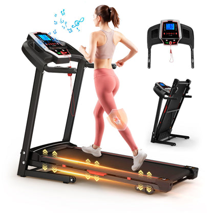 A woman runs on a black Folding Treadmill for Home—3.5HP, foldable with incline, LED display, 12 preset programs, audio features, and app control. Images show it folded and highlight the control panel for convenient home workouts.