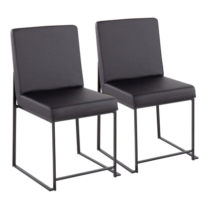 The Fuji High Back Dining Chair set of 2 features contemporary black chairs with cushioned seats and backs, sleek straight metal legs, and a minimalist design, shown side by side on a white background.