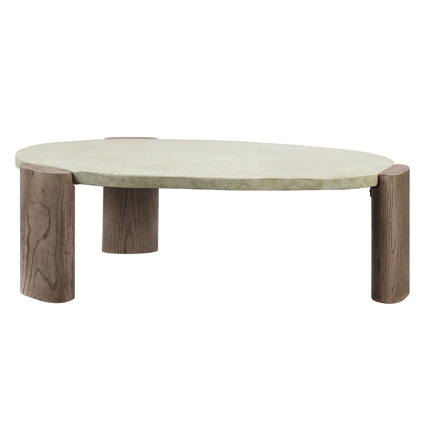 The Dayana Coffee Table features a round, off white stone top with three thick, curved oak legs for a minimalist, contemporary look.