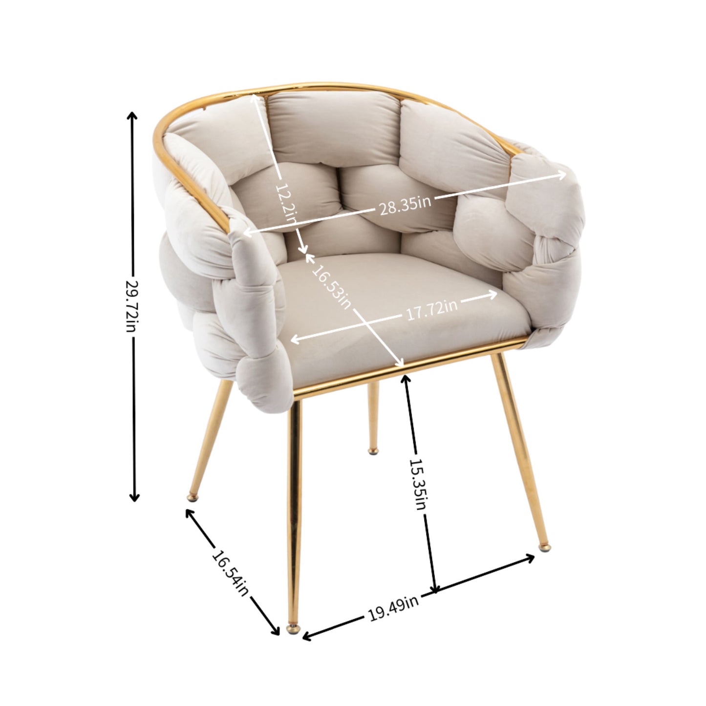 The Luxury Modern Simple Leisure Velvet Single Sofa Chair features a padded, tufted light-gray seat and backrest with gold metal legs and armrests. White arrows display dimensions (inches); black arrows indicate chair height and leg spacing.