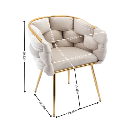 The Luxury Modern Simple Leisure Velvet Single Sofa Chair features a padded, tufted light-gray seat and backrest with gold metal legs and armrests. White arrows display dimensions (inches); black arrows indicate chair height and leg spacing.