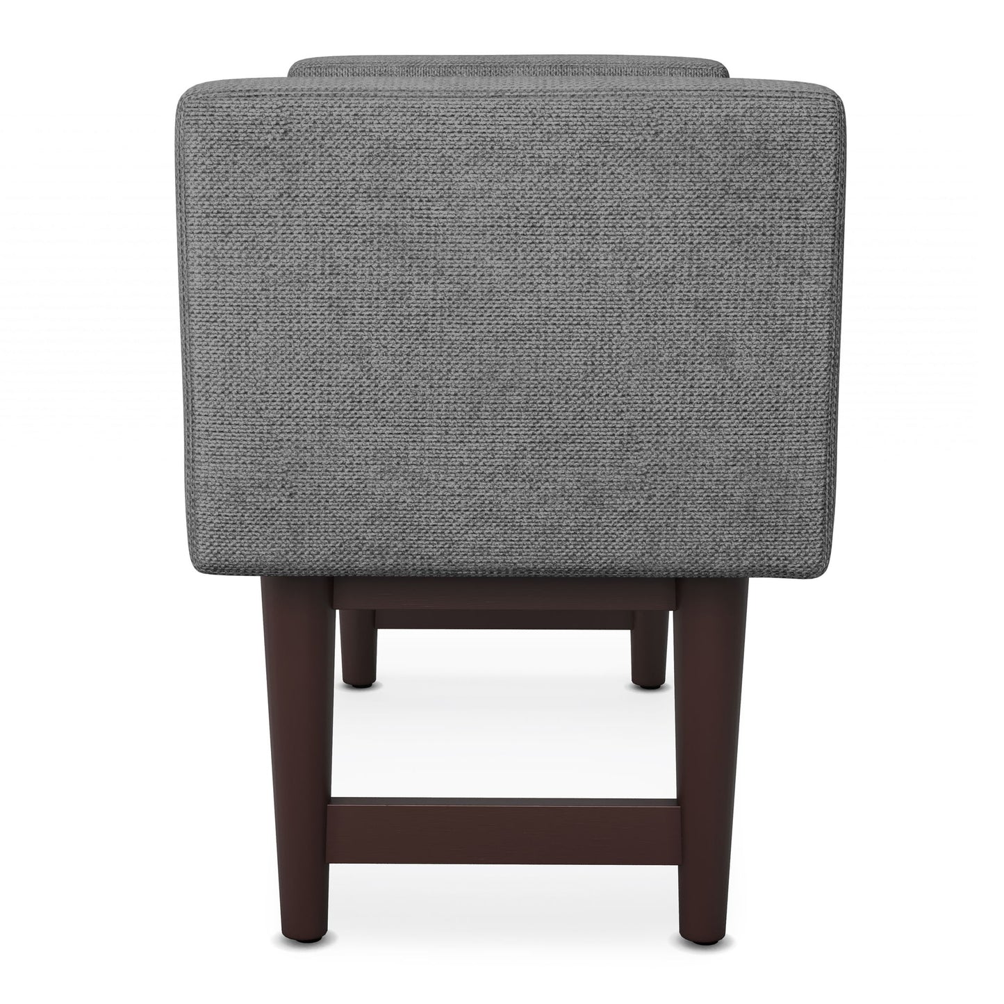The Scott Upholstered Ottoman Bench in grey features dark wooden legs and is displayed from the back against a white background.