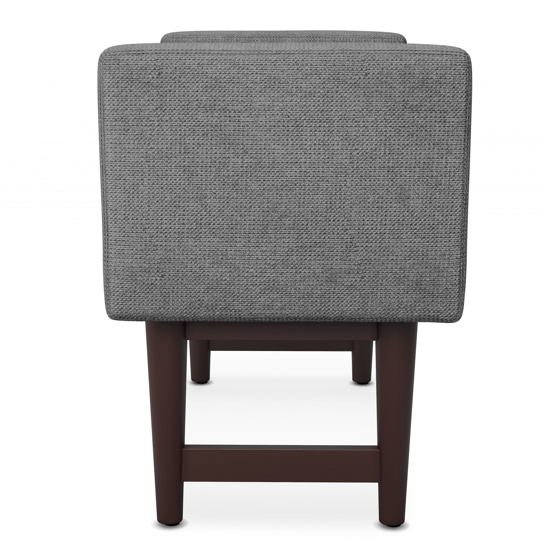 The Scott Upholstered Ottoman Bench in grey features dark wooden legs and is displayed from the back against a white background.