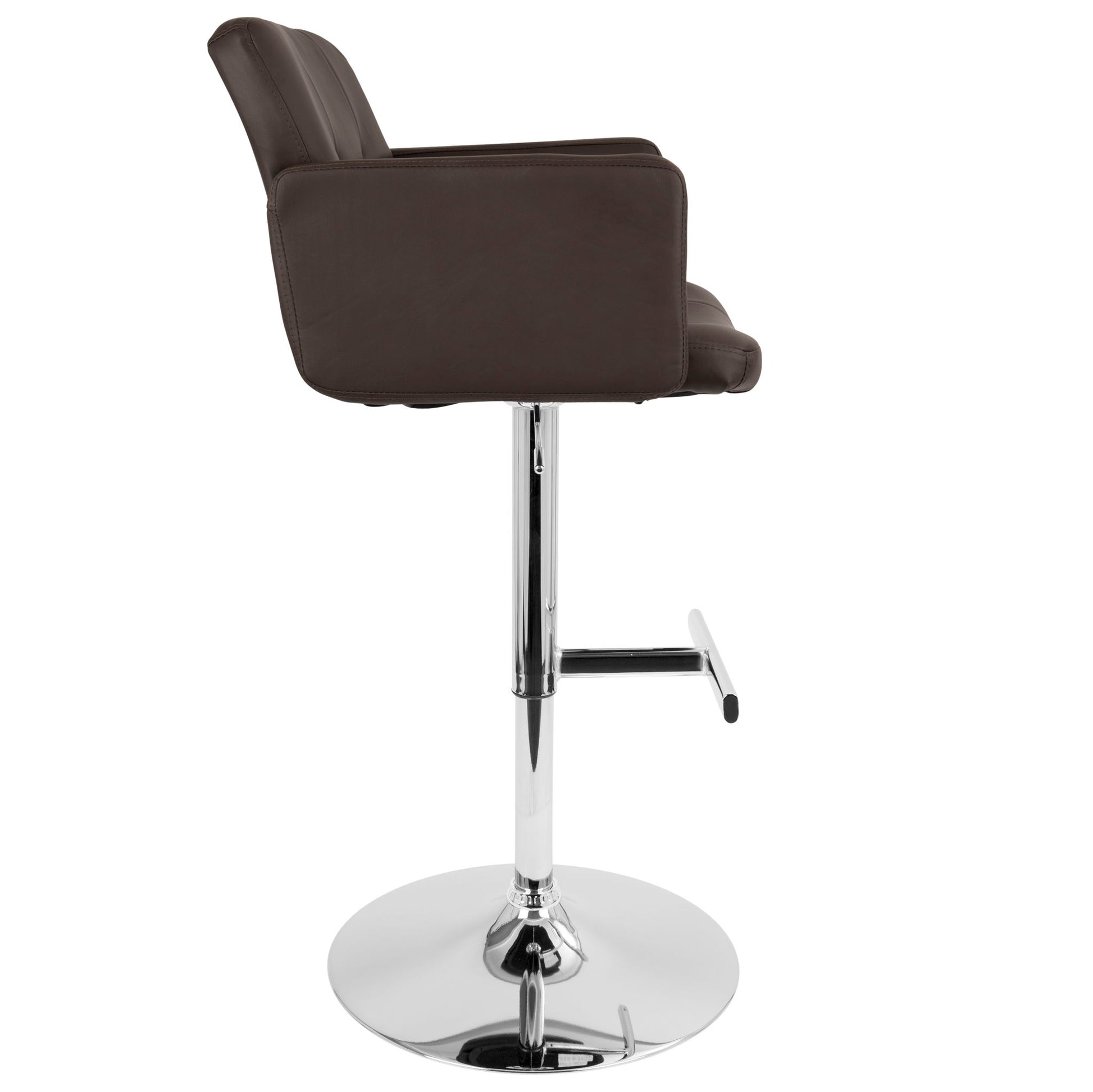 The Stout - Contemporary Adjustable Barstool With Swivel is a brown barstool with a cushioned seat, armrests, chrome base, footrest, and adjustable height, shown from the side.