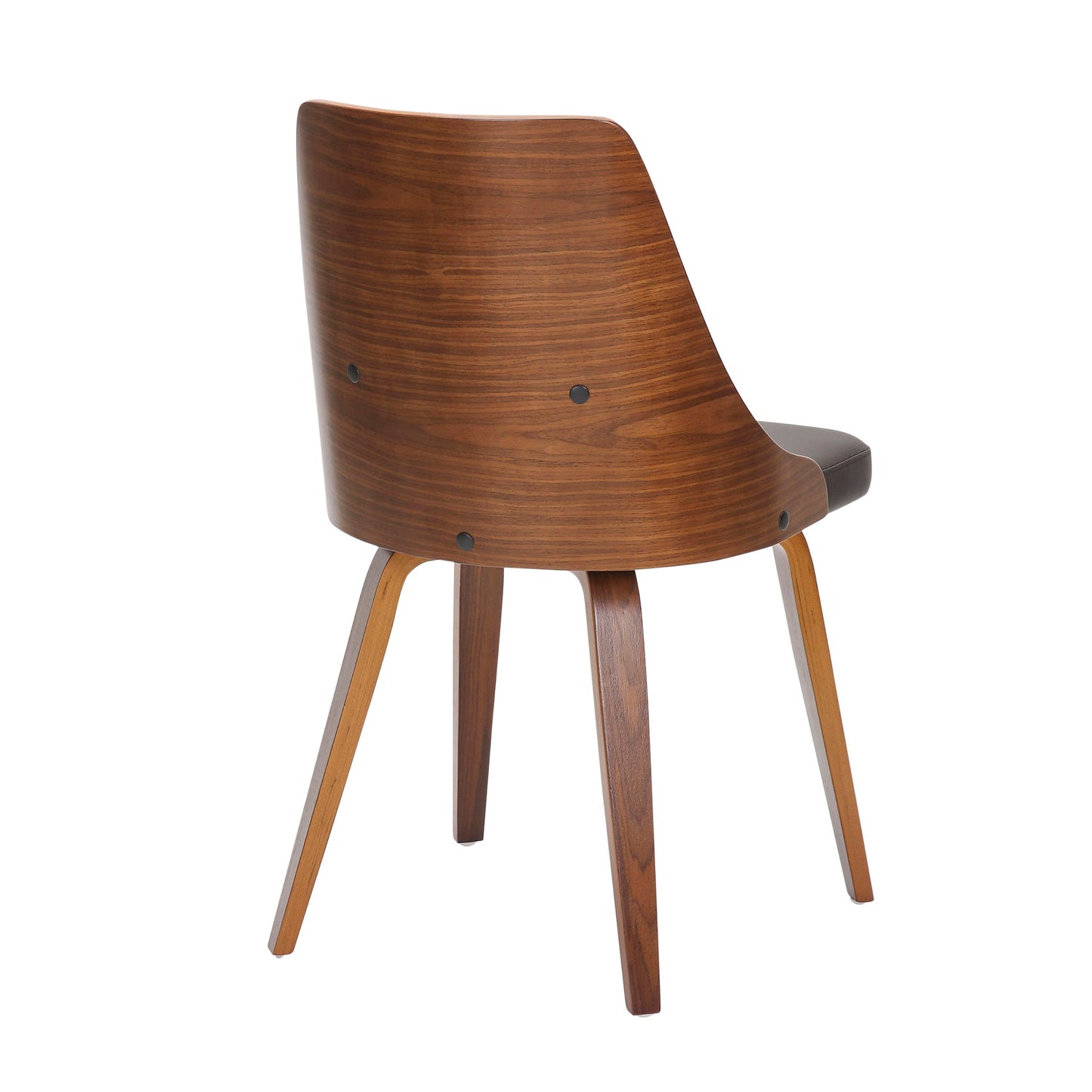 The Anabelle Mid-Century Modern Dining Chair (Set of 2) features a curved backrest, four angled legs, smooth polished wood, and a slightly padded seat. Shown from a rear three-quarter angle for a stylish look.
